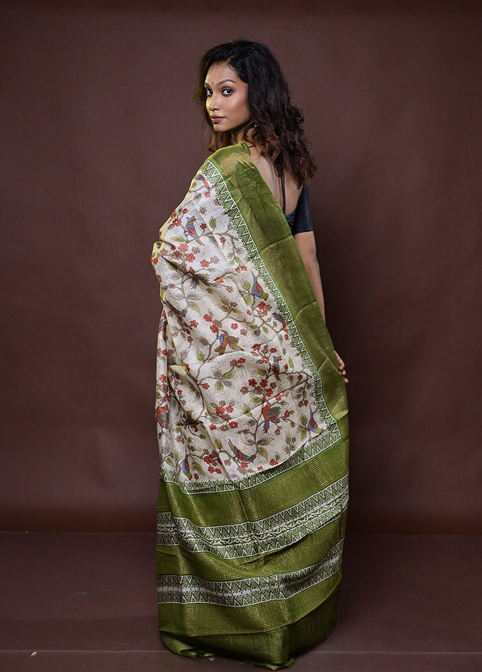 Cream Tussar Silk Saree With Blouse Piece