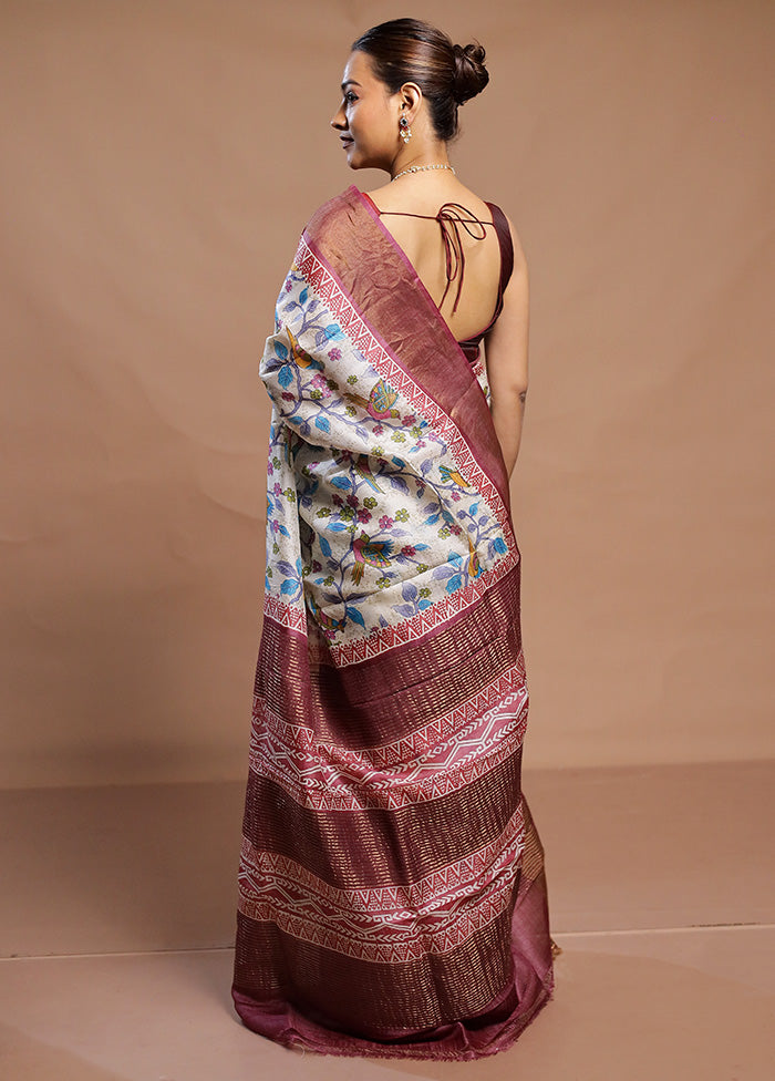 Cream Tussar Silk Saree With Blouse Piece