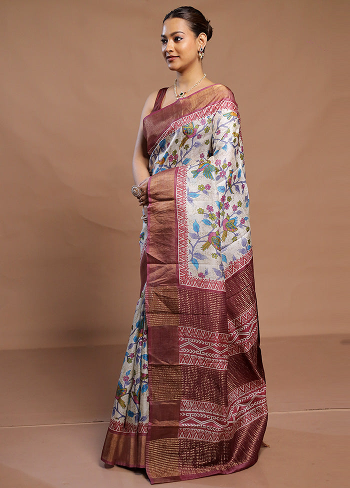 Cream Tussar Silk Saree With Blouse Piece