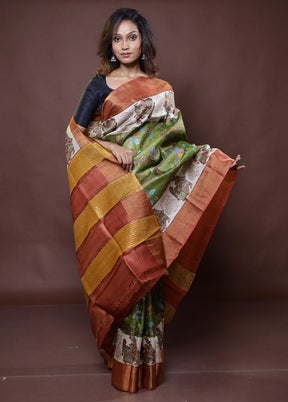 Green Tussar Silk Saree With Blouse Piece