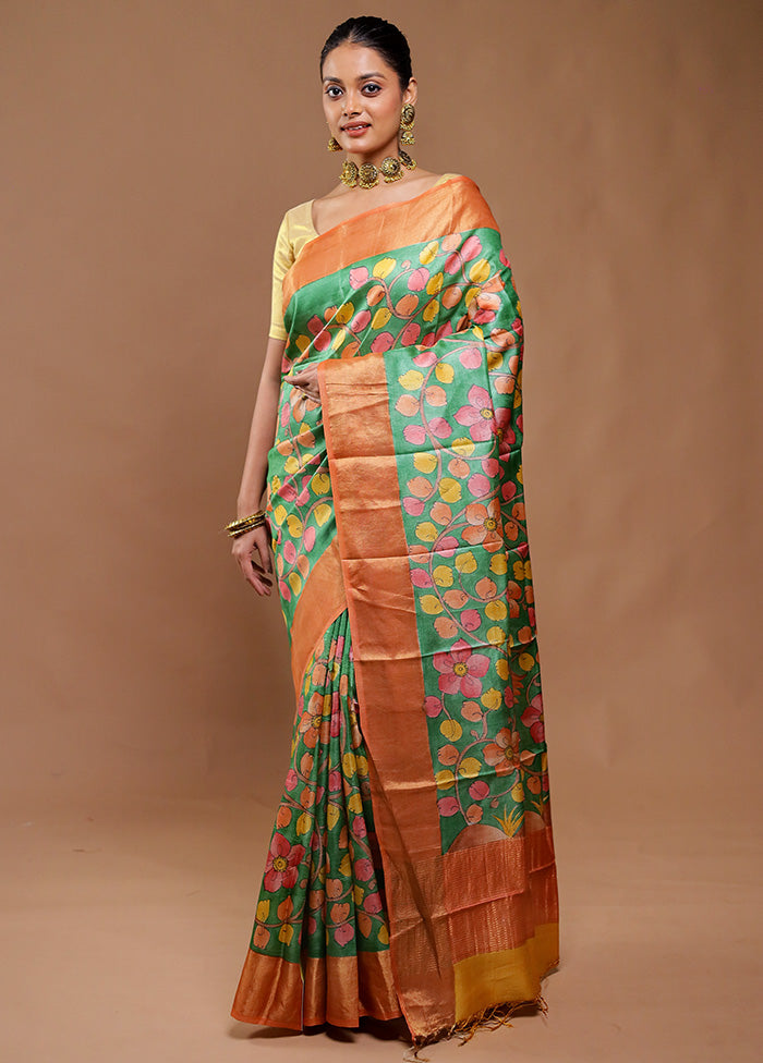 Green Handloom Tussar Pure Silk Saree With Blouse Piece
