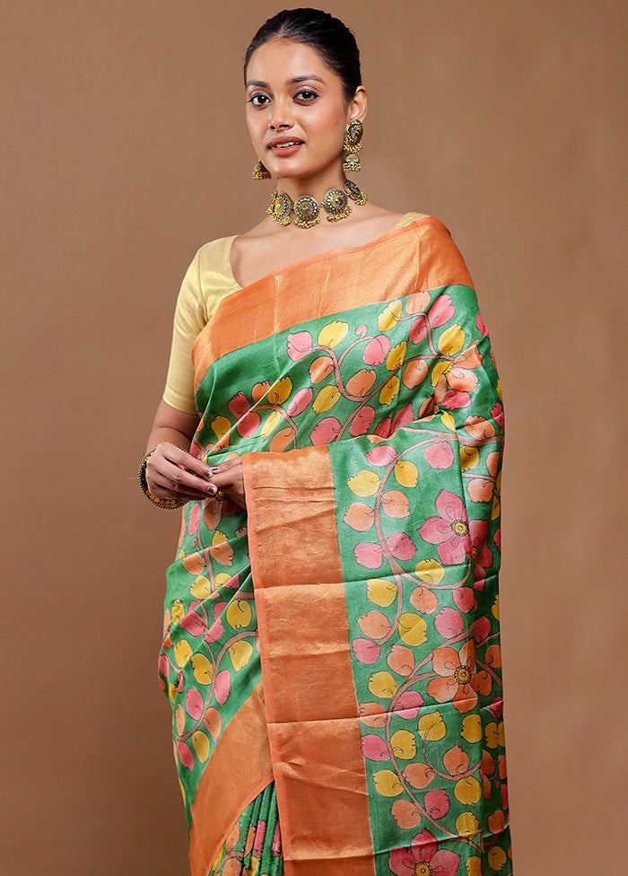 Green Handloom Tussar Pure Silk Saree With Blouse Piece
