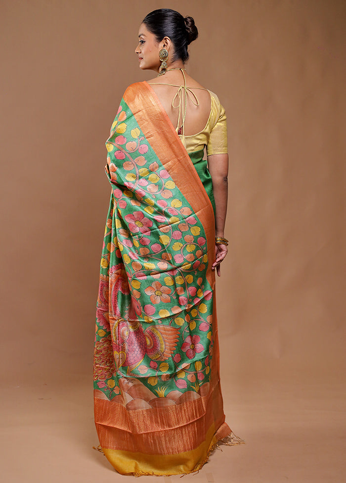 Green Handloom Tussar Pure Silk Saree With Blouse Piece
