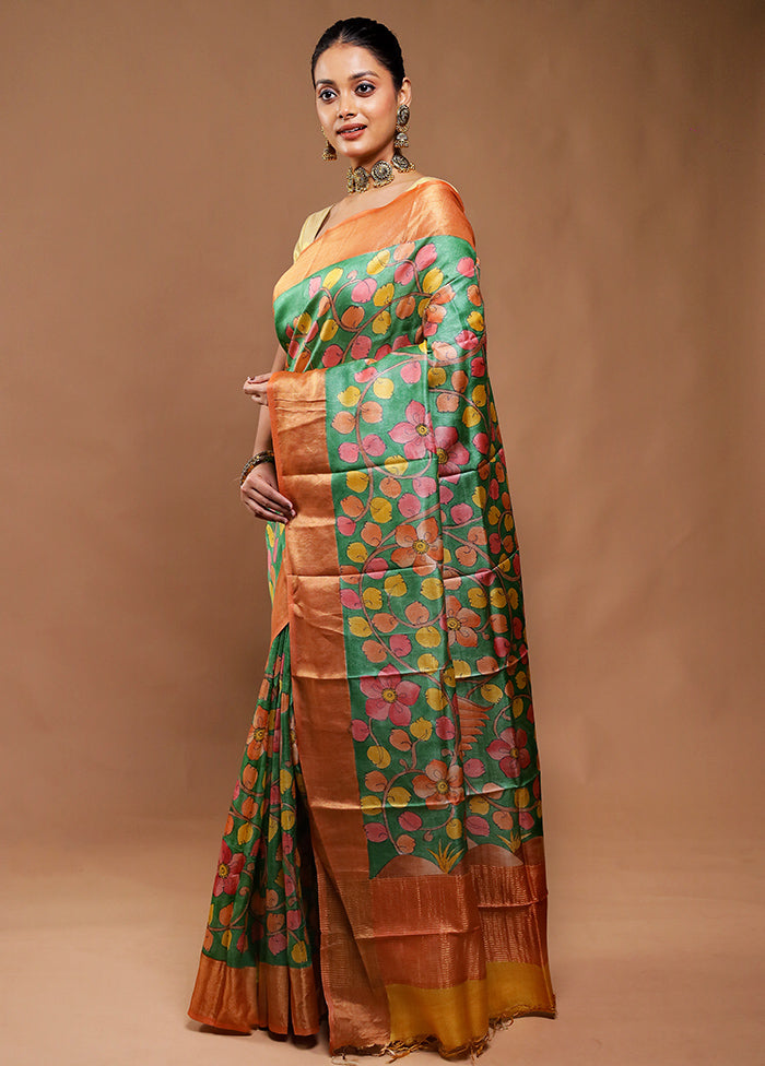 Green Handloom Tussar Pure Silk Saree With Blouse Piece