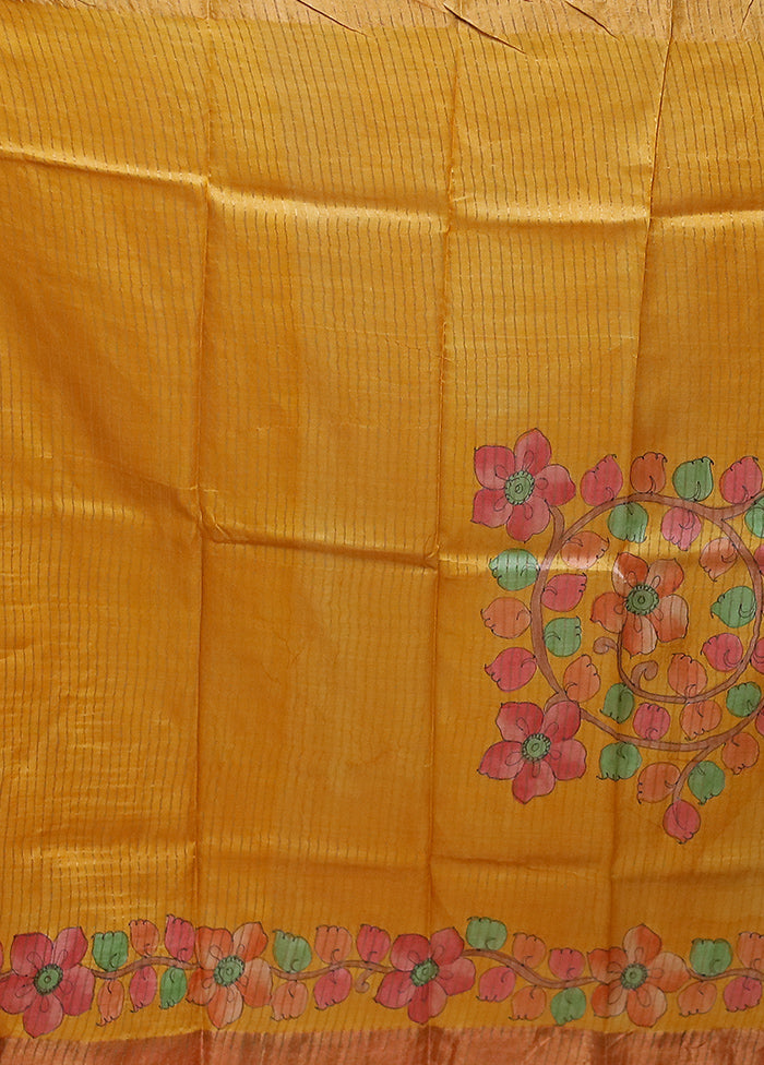 Green Handloom Tussar Pure Silk Saree With Blouse Piece