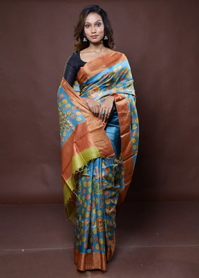 Blue Handloom Tussar Pure Silk Saree With Blouse Piece