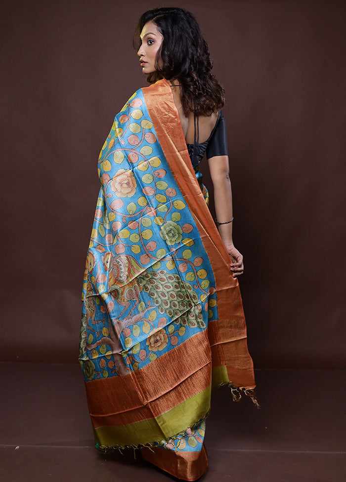 Blue Handloom Tussar Pure Silk Saree With Blouse Piece