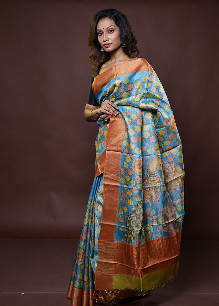 Blue Handloom Tussar Pure Silk Saree With Blouse Piece