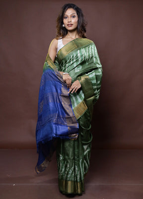 Green Handloom Tussar Pure Silk Saree With Blouse Piece