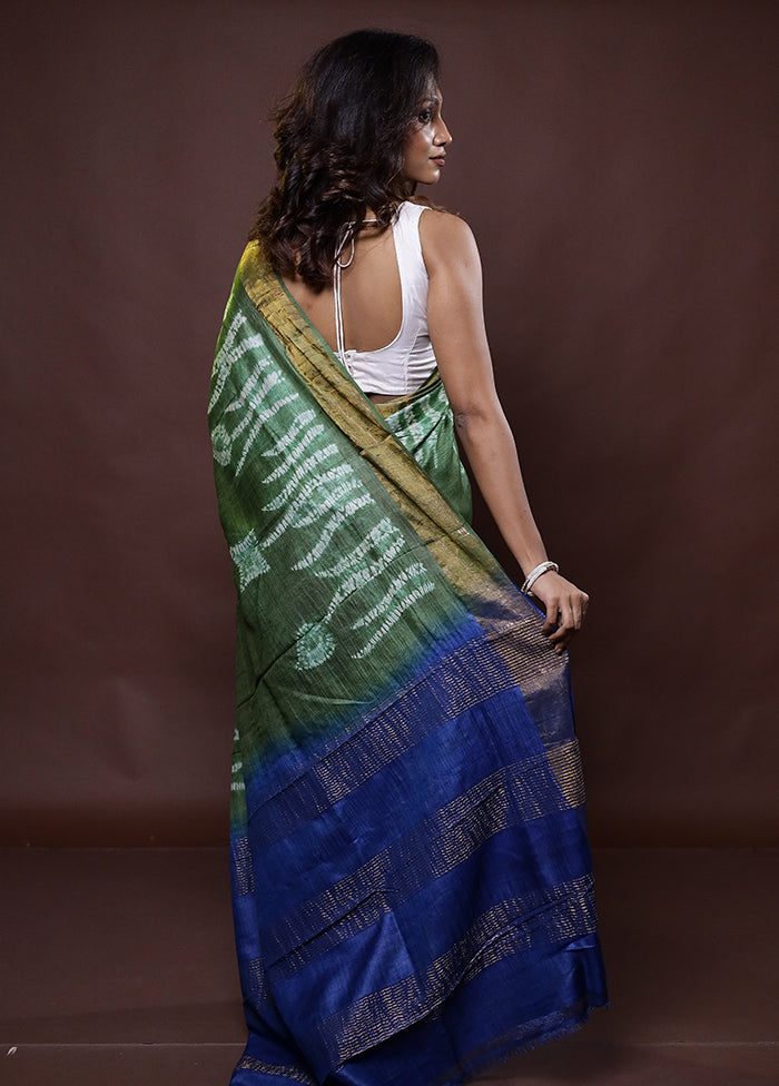 Green Handloom Tussar Pure Silk Saree With Blouse Piece