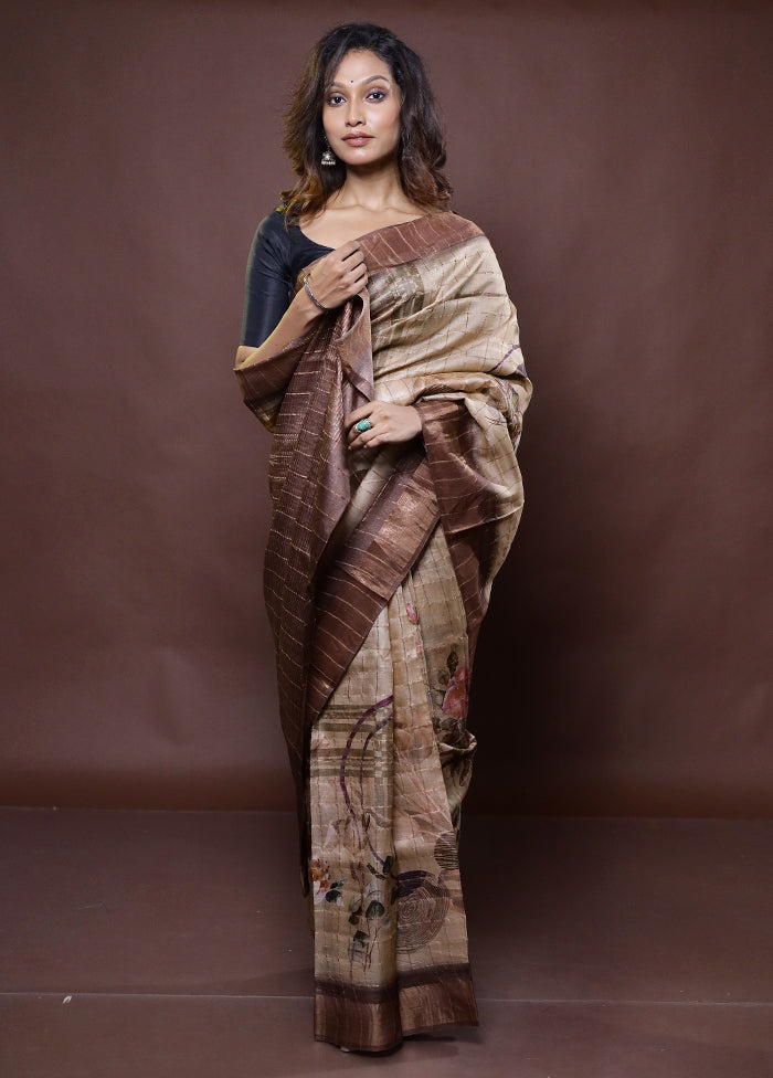 Cream Handloom Tussar Pure Silk Saree With Blouse Piece