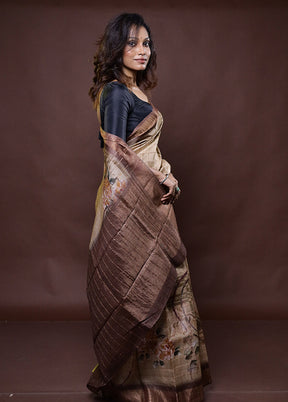 Cream Handloom Tussar Pure Silk Saree With Blouse Piece