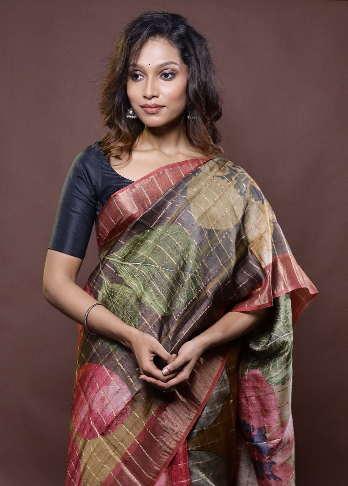 Grey Handloom Tussar Pure Silk Saree With Blouse Piece