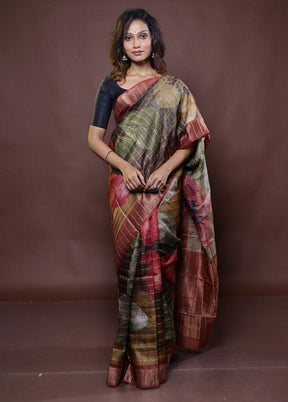 Grey Handloom Tussar Pure Silk Saree With Blouse Piece