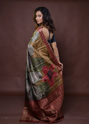 Grey Handloom Tussar Pure Silk Saree With Blouse Piece