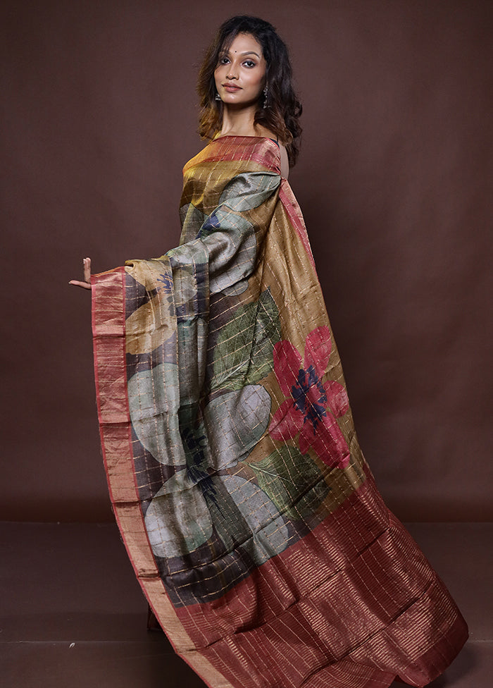 Grey Handloom Tussar Pure Silk Saree With Blouse Piece