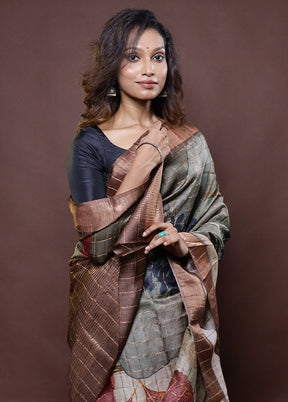 Grey Handloom Tussar Pure Silk Saree With Blouse Piece