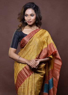 Yellow Handloom Tussar Pure Silk Saree With Blouse Piece