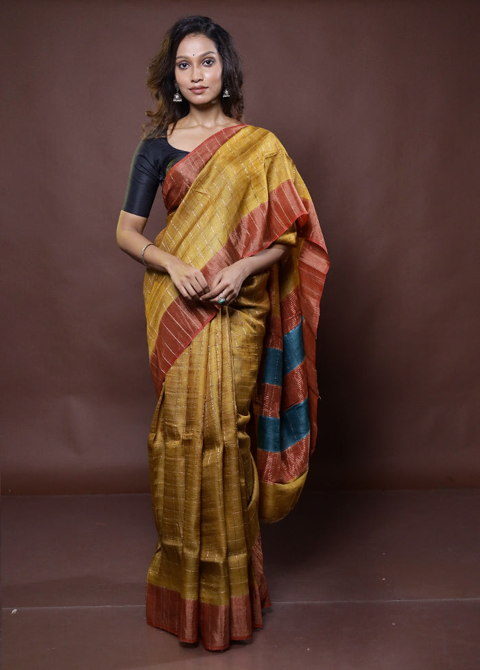 Yellow Handloom Tussar Pure Silk Saree With Blouse Piece