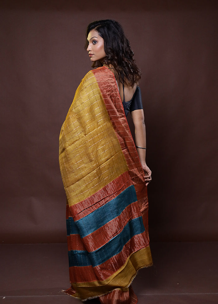 Yellow Handloom Tussar Pure Silk Saree With Blouse Piece