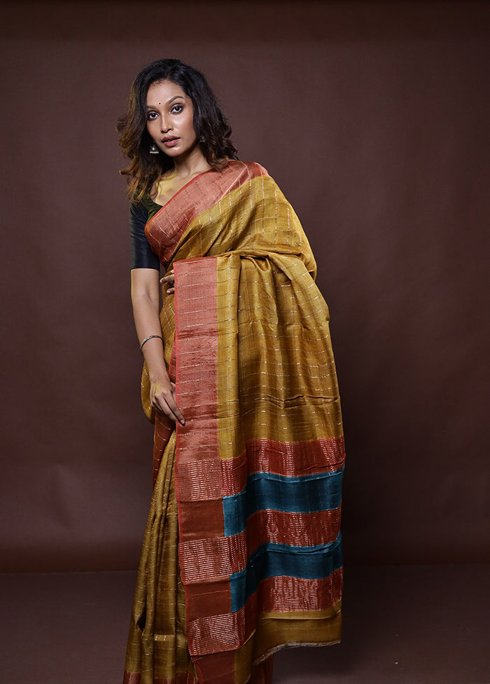 Yellow Handloom Tussar Pure Silk Saree With Blouse Piece