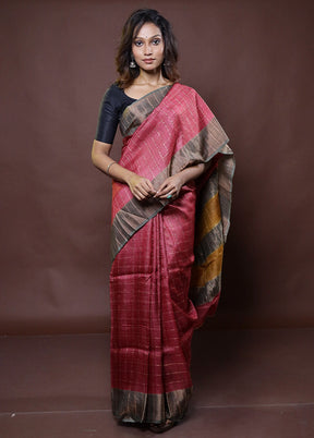 Maroon Handloom Tussar Pure Silk Saree With Blouse Piece