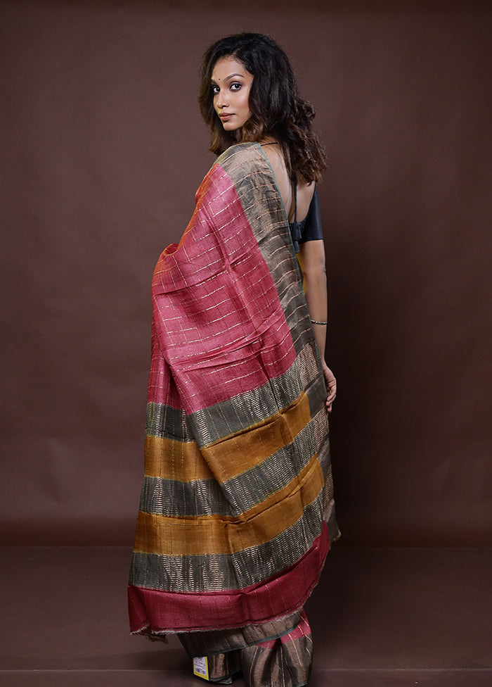 Maroon Handloom Tussar Pure Silk Saree With Blouse Piece