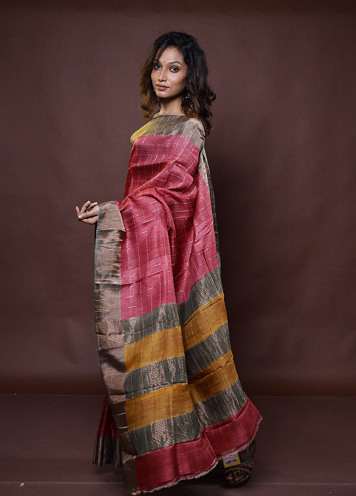 Maroon Handloom Tussar Pure Silk Saree With Blouse Piece