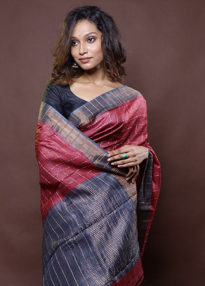 Pink Handloom Tussar Pure Silk Saree With Blouse Piece