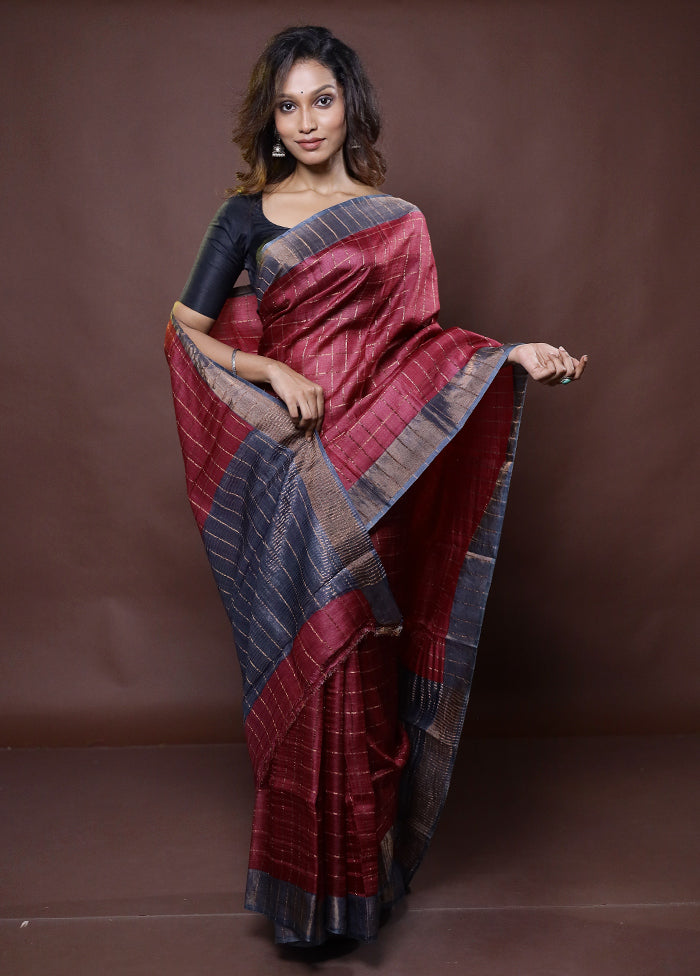 Pink Handloom Tussar Pure Silk Saree With Blouse Piece