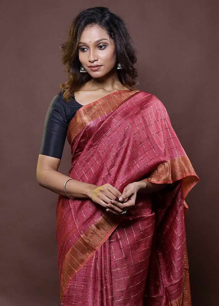 Pink Handloom Tussar Pure Silk Saree With Blouse Piece