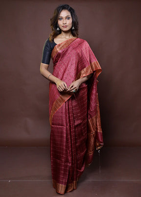 Pink Handloom Tussar Pure Silk Saree With Blouse Piece