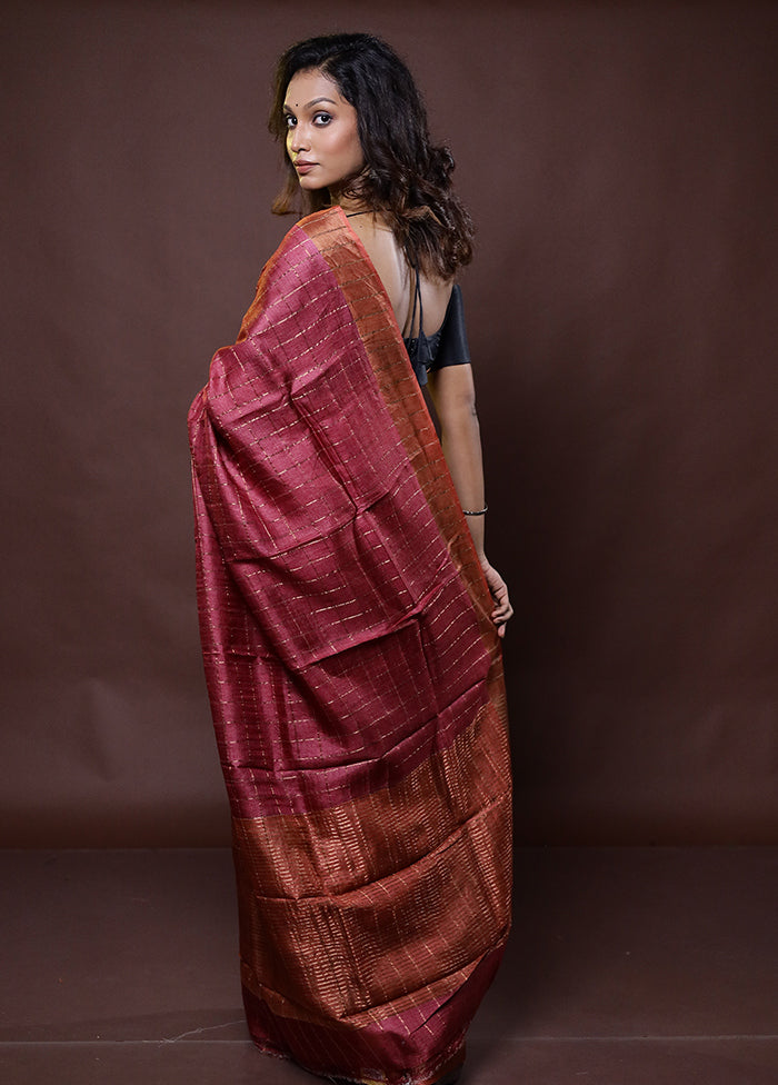 Pink Handloom Tussar Pure Silk Saree With Blouse Piece