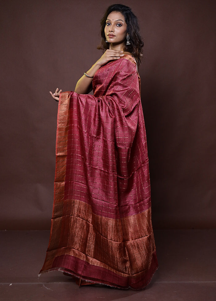 Pink Handloom Tussar Pure Silk Saree With Blouse Piece