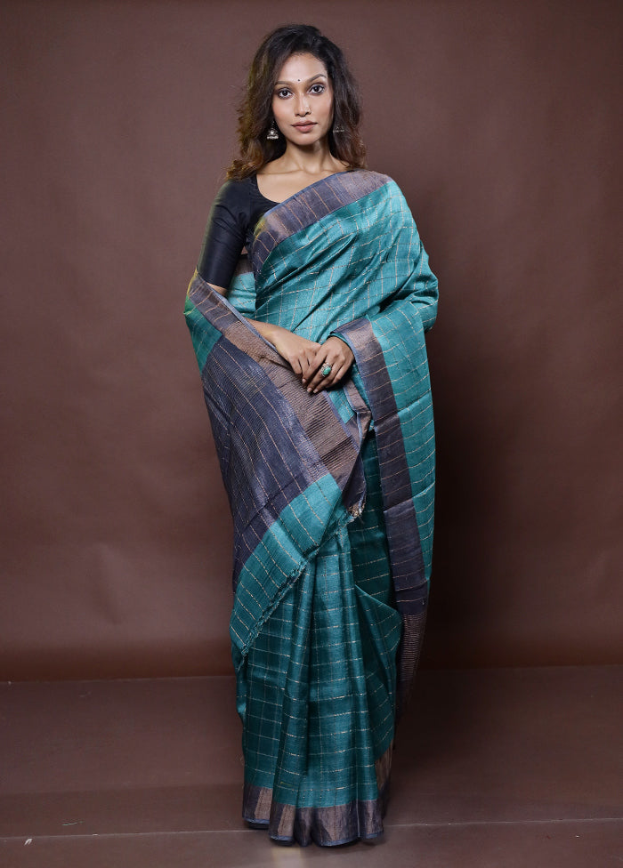 Green Handloom Tussar Pure Silk Saree With Blouse Piece