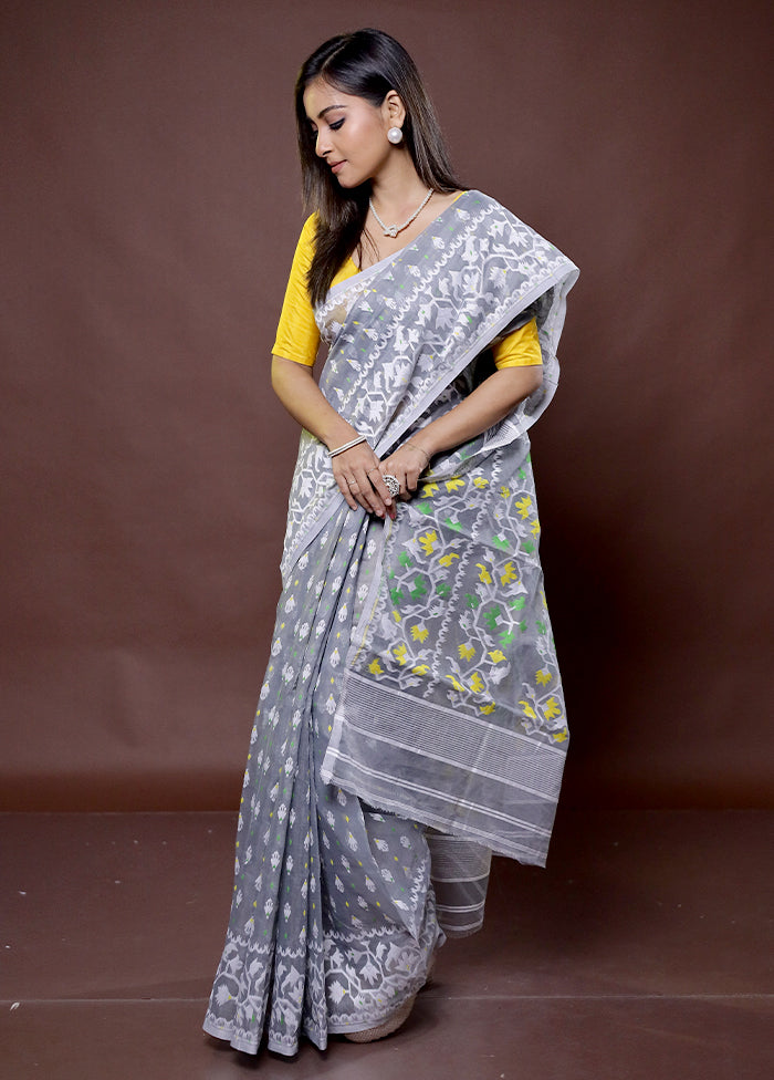 Grey Tant Jamdani Saree Without Blouse Piece