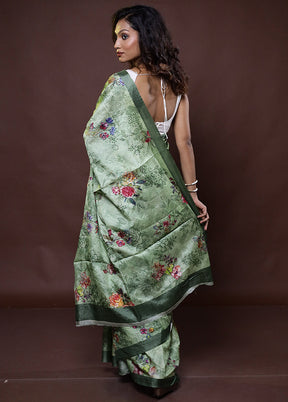 Green Handloom Tussar Pure Silk Saree With Blouse Piece