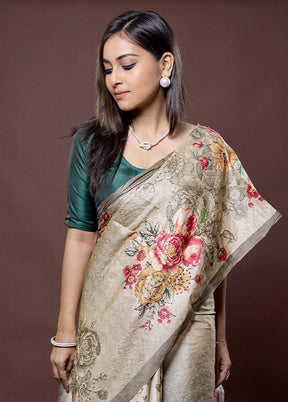 Cream Handloom Tussar Pure Silk Saree With Blouse Piece