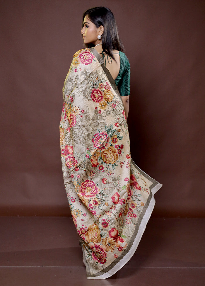 Cream Handloom Tussar Pure Silk Saree With Blouse Piece