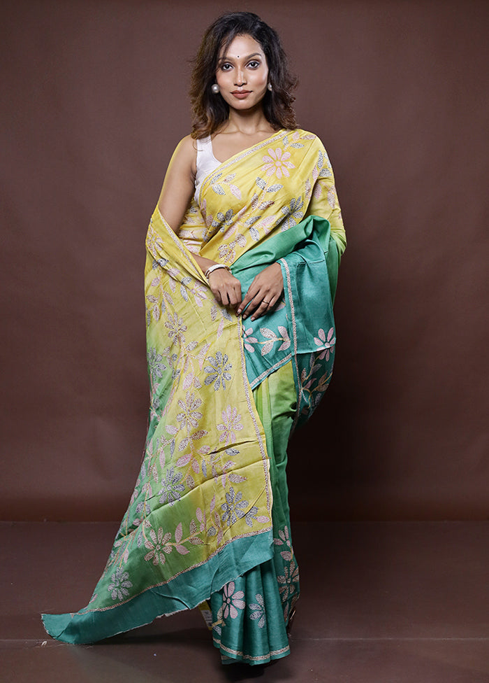 Green Handloom Tussar Pure Silk Saree With Blouse Piece