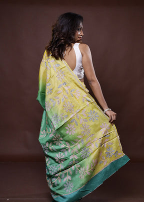 Green Handloom Tussar Pure Silk Saree With Blouse Piece