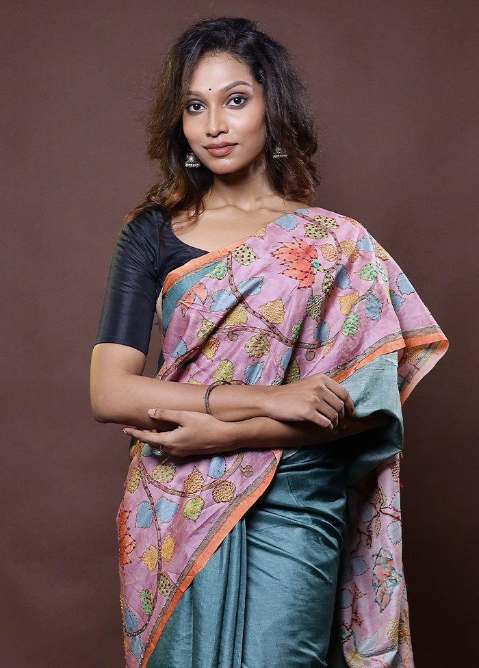 Pink Handloom Tussar Pure Silk Saree With Blouse Piece