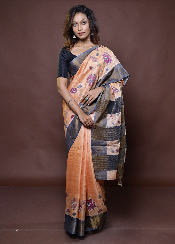 Peach Handloom Tussar Pure Silk Saree With Blouse Piece