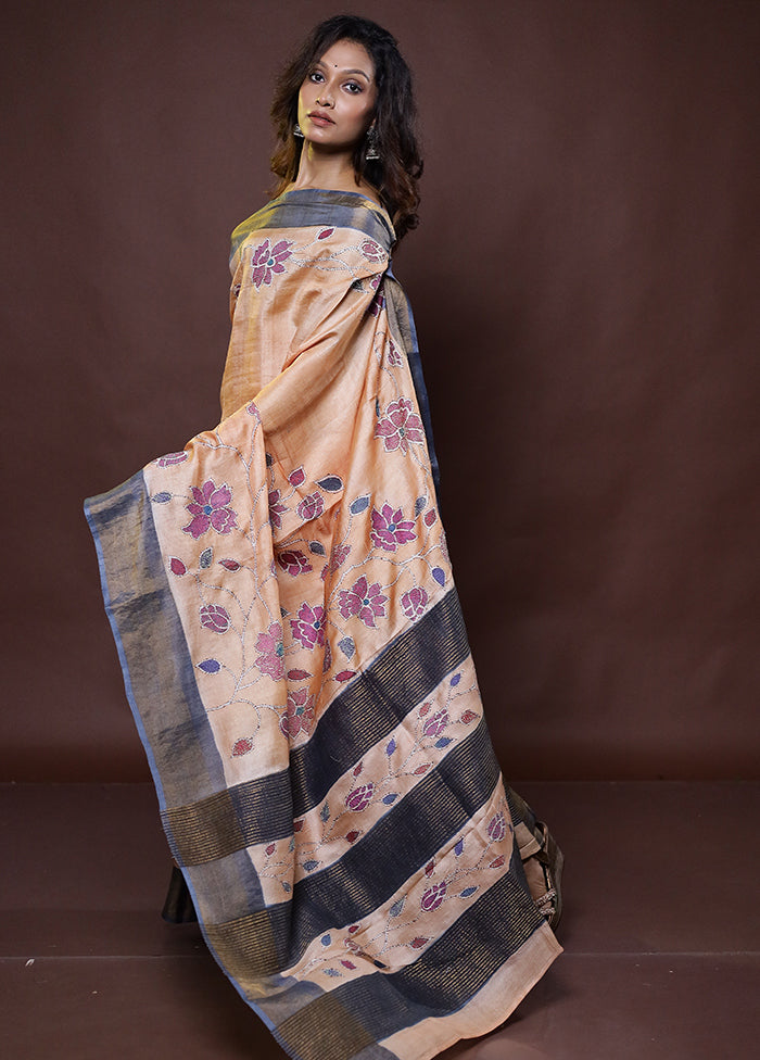 Peach Handloom Tussar Pure Silk Saree With Blouse Piece