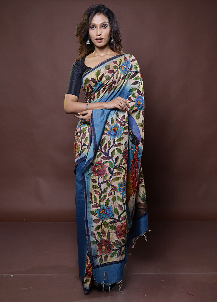 Cream Handloom Tussar Pure Silk Saree With Blouse Piece