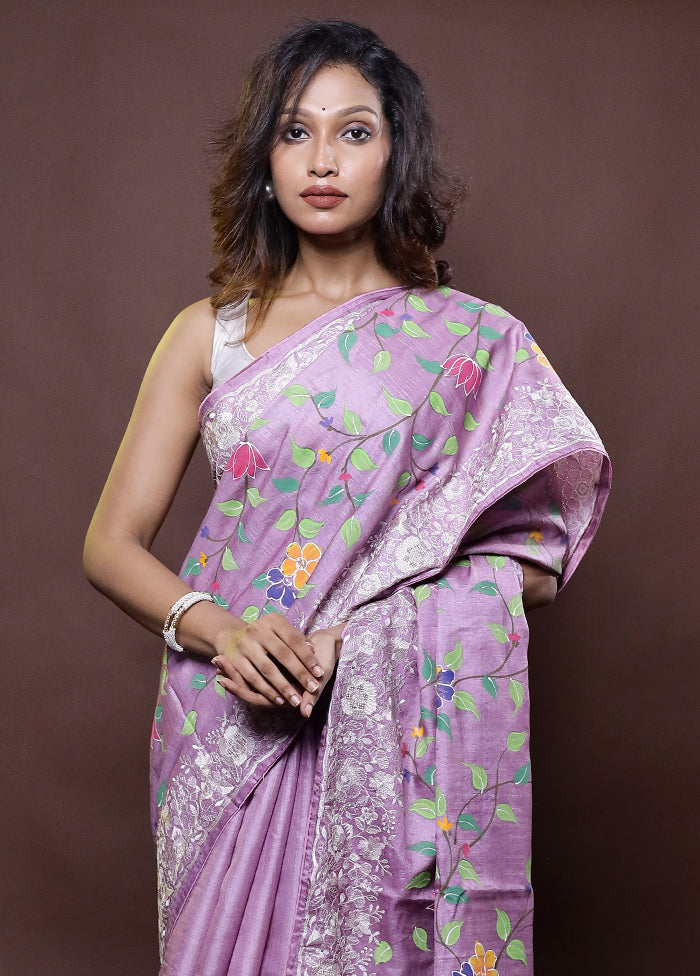 Purple Handloom Tussar Pure Silk Saree With Blouse Piece