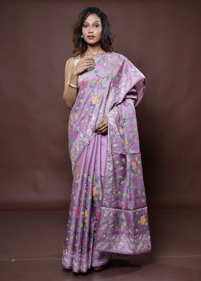 Purple Handloom Tussar Pure Silk Saree With Blouse Piece