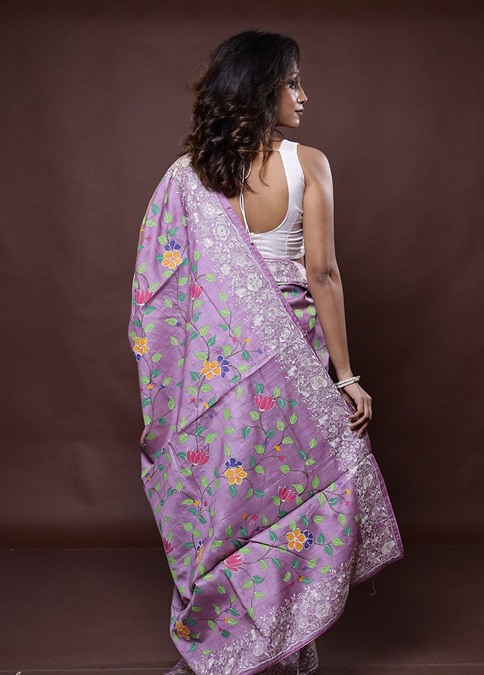Purple Handloom Tussar Pure Silk Saree With Blouse Piece