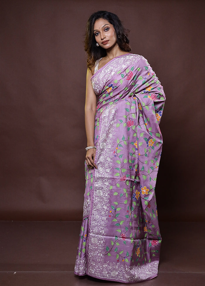 Purple Handloom Tussar Pure Silk Saree With Blouse Piece