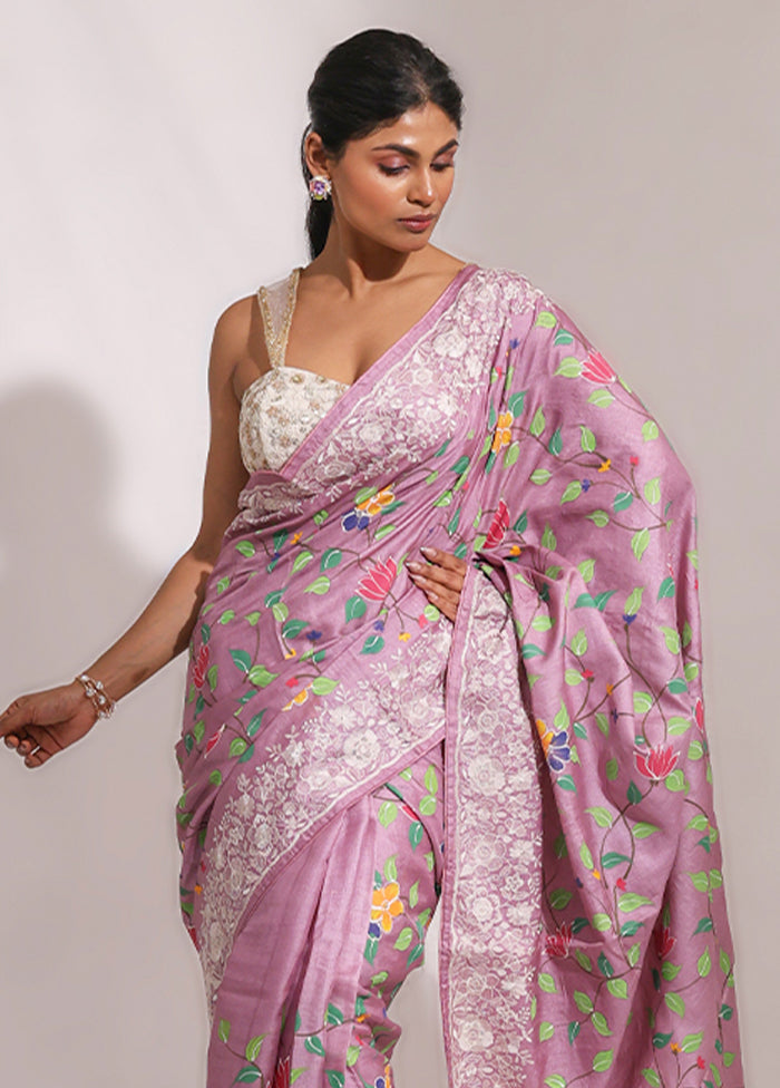 Purple Handloom Tussar Pure Silk Saree With Blouse Piece